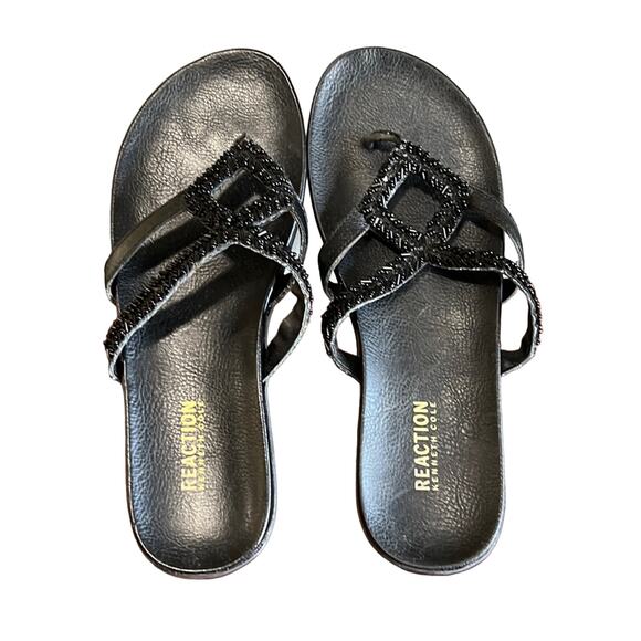 Reaction Kenneth Cole 9M Black Jewel Thong Sandals Flip Flops Summer Beach - Picture 1 of 7